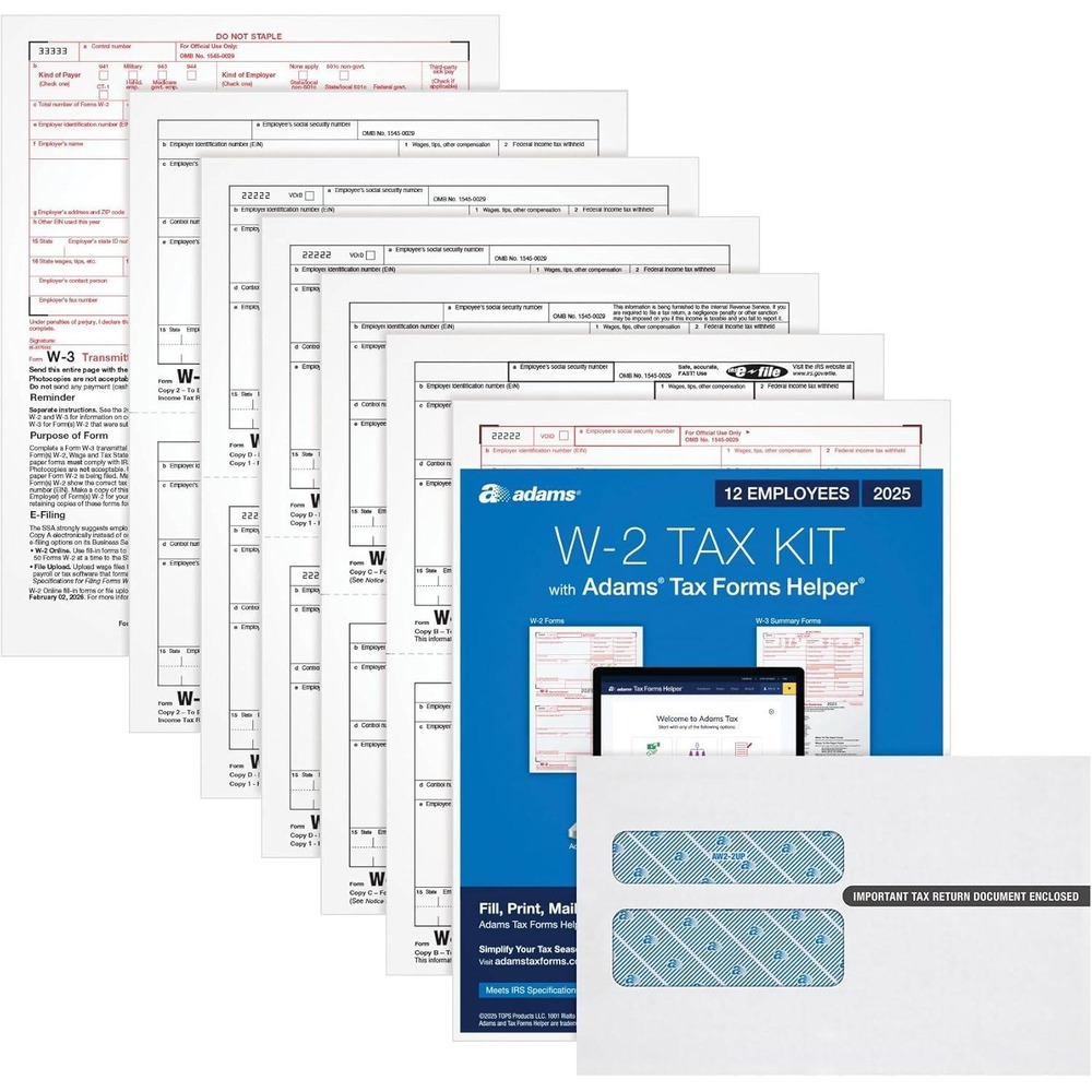 Adams 2025 W-2 Tax Kit 12 Employee 6-Part Forms Envelopes & Tax Helper Software
